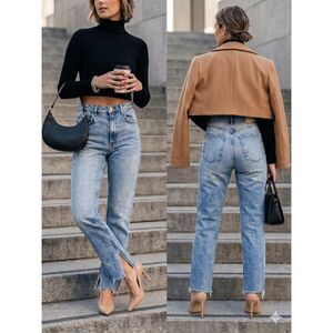 Zara High Rise Jeans Women's Size 6 Blue Light Wash Raw Hem Side Split